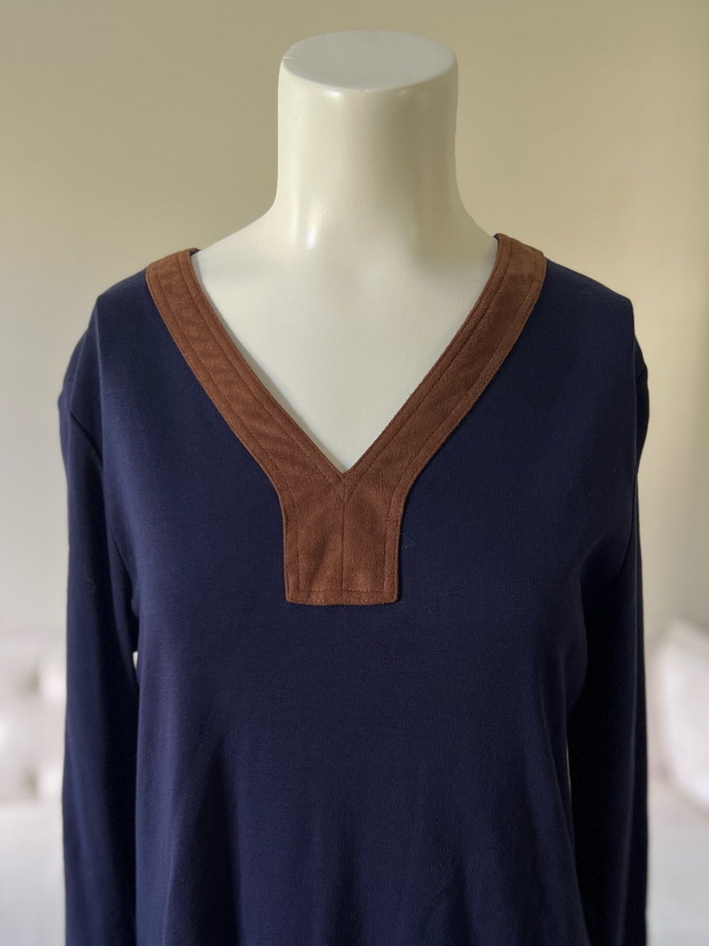 Ralph Lauren Navy Long-Sleeve V-Neck Tunic Top with Brown Trim